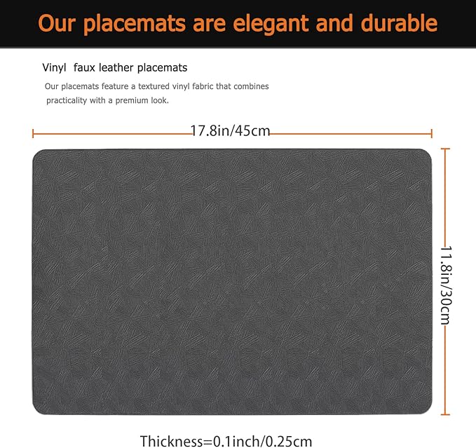 Uolr Vinyl Placemats Set of 4 Faux Leather 100% Waterproof Wipeable Washable Place Mats Heat Resistant Easy Clean Non-Slip Table Mats for Indoor Outdoor. (4,Gray)
