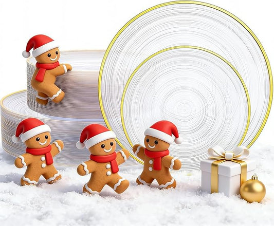 Morejoy 100Pcs Clear Plastic Plates,Clear Disposable Plates With Gold Rim,Heavy-duty Gold Plate, Modern swirl design Plate Include 50Clear Dessert-Platos,50Dinner-Platos for Party&Christmas