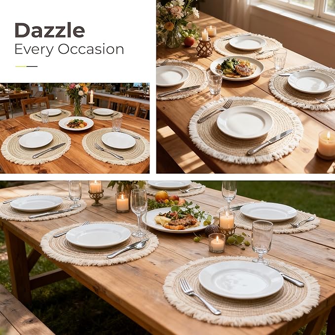 Leetaltree 15 Inch Boho Braided Placemats Set of 4 - Round Cotton Table Mats with Tassel Fringe Washable & Heat Resistant for Dining Table, Farmhouse Kitchen Decor(Beige,Set of 4)