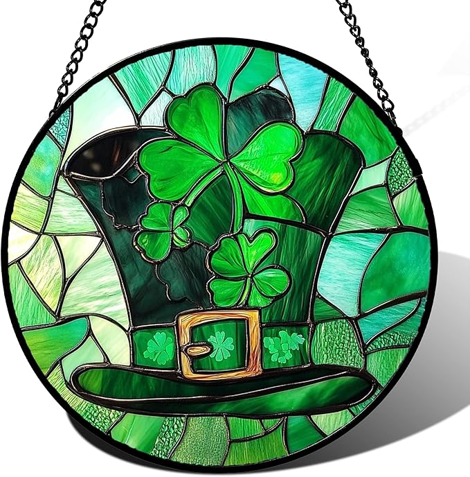 Stained Glass Window Hanging Green Lucky Clover Hat Large 11.8" - Suncatcher Door Garden Sun Catcher Ireland Decor Birthday Mother's St. Ripack's Day Gift for Woman Mom Men Friend Nana Wife