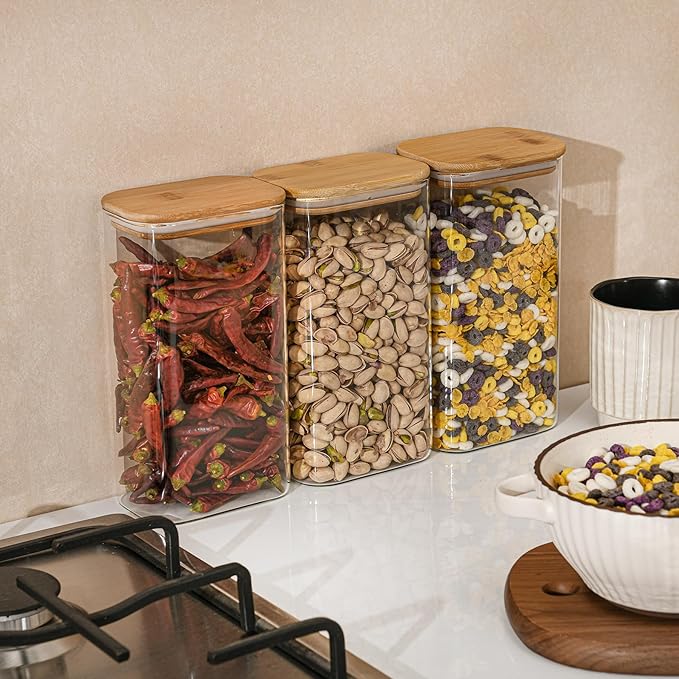 56oz Rectangle Airtight Glass Storage Containers with Bamboo Lids (Set of 3), Square Food Storage Jar, Pantry Organizers for Oats, Cereal, Pasta and Coffee beans (?럚ith Black Lable)