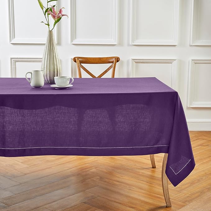 Solino Home Linen Tablecloth for Rectangle Tables 60 x 156 Inch - Classic Hemstitch 100% Pure Linen Purple Table Cloth - Machine Washable Cloth Tablecloth for Valentines, Spring, Easter