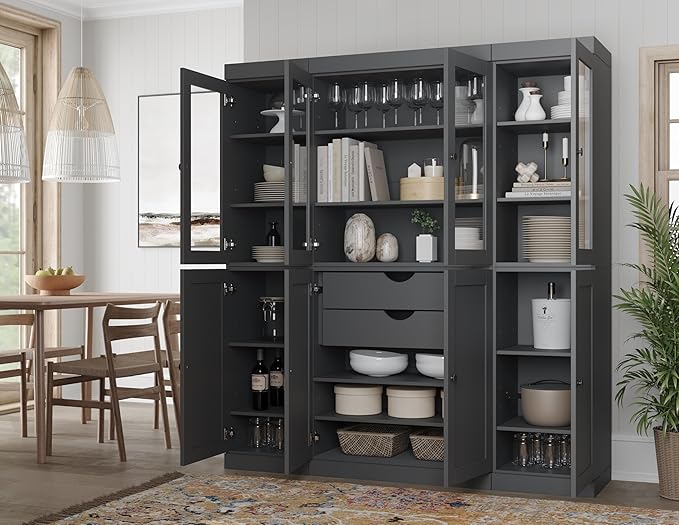 Palace Imports 100% Solid Wood Kitchen China Pantry Cabinet, 65" W - 4 Clear Glass & 4 Shaker Doors, Renewable Eco-Friendly Wood, Made in Brazil (Gray, 8 China/Shaker Doors | 2 Drawers)