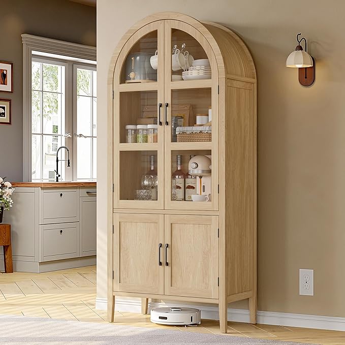 ONBRILL 71" Tall Arched Cabinet, 5-Tier Arched Kitchen Pantry with Glass Doors & Shelves, Modern Display Storage Cabinets with Adjustable Feet, Wooden Pantry Cabinet for Living Room, Dining Room