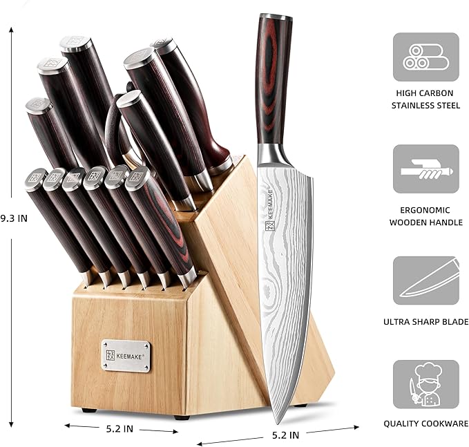 KEEMAKE Knife Block Set - 14 Piece Kitchen Knife Set with Block High Carbon Stainless Steel Ultra Sharp Chef Knife Sets Professional Kitchen Knives with Ergonomic Pakkawood Handle and Sharpener