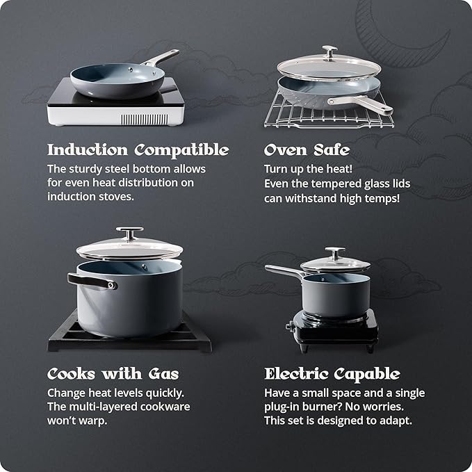 Premium Non-Toxic Ceramic Cookware Set ??Triple-Layer Nonstick 12 Piece Pots and Pans with Lids, PFAS-Free, Oven Safe for Healthy Meals, Space-Saving Design, Midnight Gray Color | Greater Goods