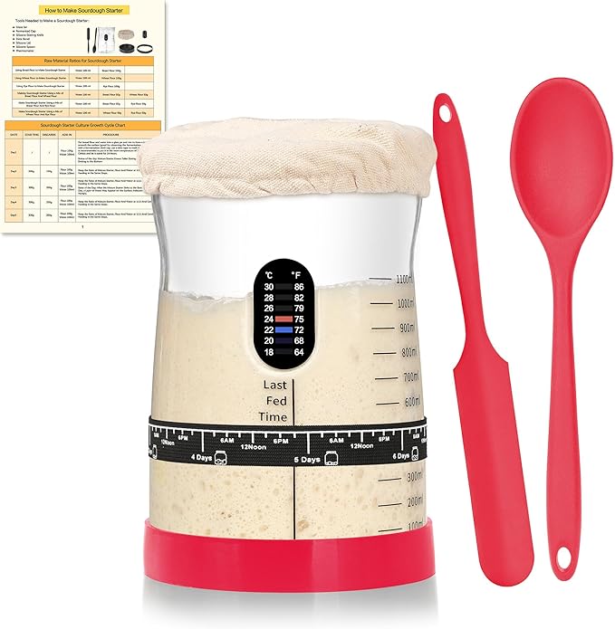 Pro Sourdough Starter Kit- 50oz Large Capacity Sourdough Starter Jar, 17 Flavorful Fermentation Recipes, Sourdough Bread Baking Supplies for Making Delicious Sourdough Breads(Red, 1Set)
