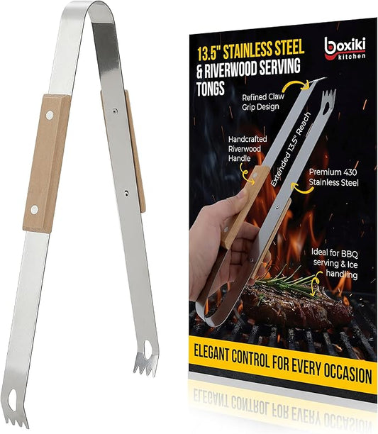 13.5??Stainless Steel Serving Tongs with Wooden Handle - Elegant Design for Ice, BBQ, Salad or Buffet - Durable & Rust-Resistant Kitchen Tongs