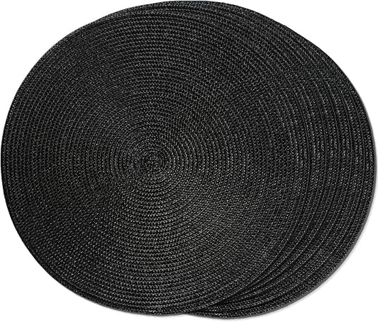 FunWheat Round Braided Placemats Set of 6 Place Mats for Dining Table Woven Washable Non-Slip Table Mats 15 Inch (Black, 6pcs)