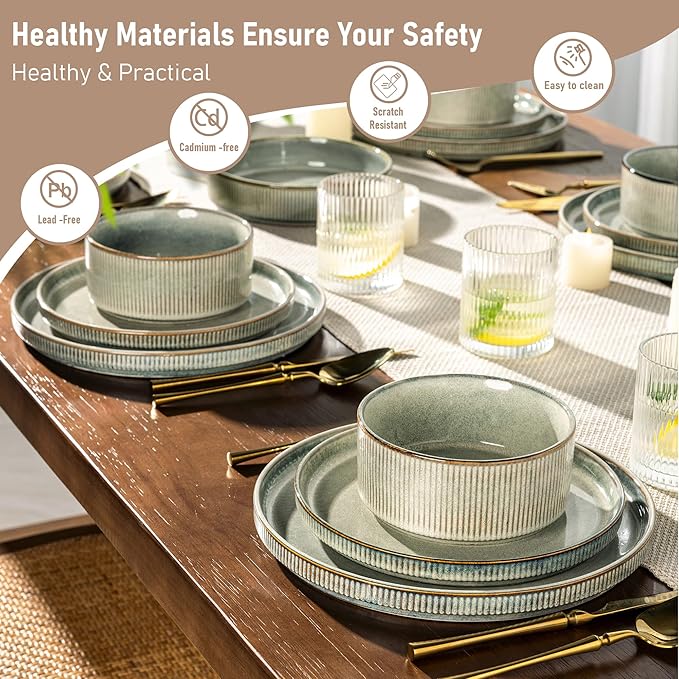 GBHOME Stoneware Dinnerware Sets for 6,Round Reactive Glaze Ceramic Plates and Bowls Set,Highly Scratch Resistant | Dishwasher & Microwave Safe Dishes Set,Service for 6(18Pcs),Desert Sage