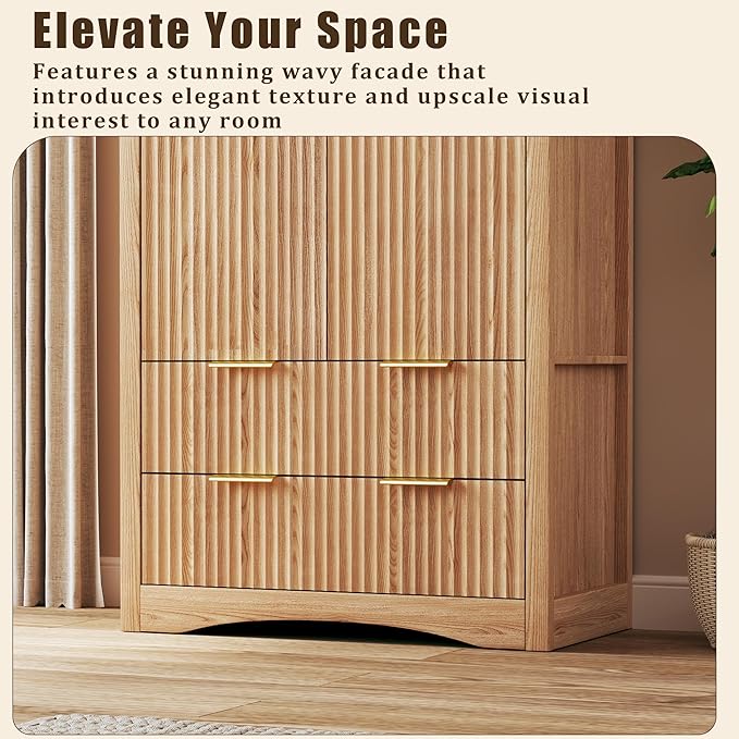 71" Tall Arched Kitchen Pantry, Fluted Pantry Cabinet with Doors, Kitchen Storage Cabinets with 2 Large Drawers and Adjustable Shelves, for Dining Room, Living Room, Natrual