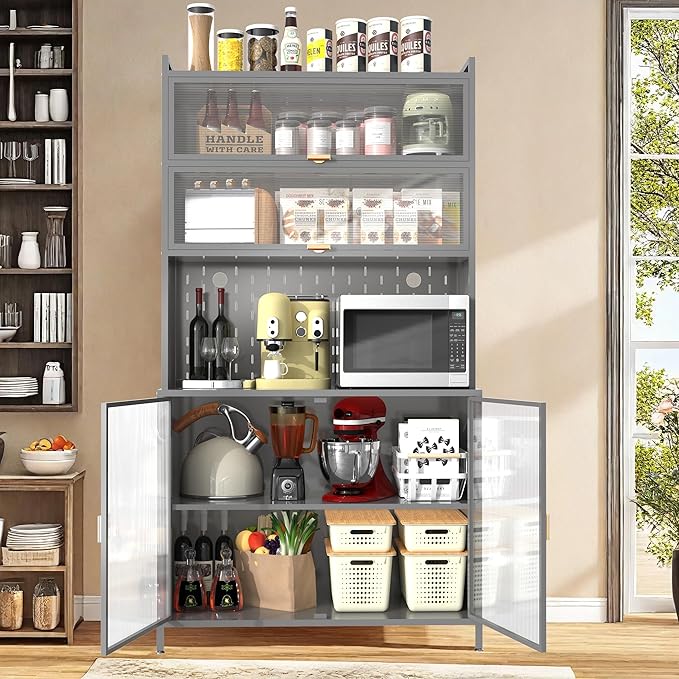 Ball & Cast 73?쿛antry Cabinet,Versatile Metal Storage Cabinet with Microwave Shelf,Pegboard Spacious, Adjustable Shelves Moden Kitchen Cabinet w/Anti-Tipping Safety for Kitchen,Dining Room,Grey