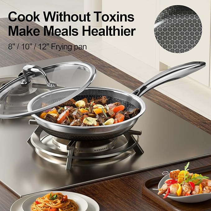 Fogdream 12??Non Stick Frying Pans, Stainless Steel Skillet with Lid, Tri-Ply Stainless Steel for All Cooktops, Dishwasher and Oven-Safe Cooking Pan, Stay-Cool Handle, Silver