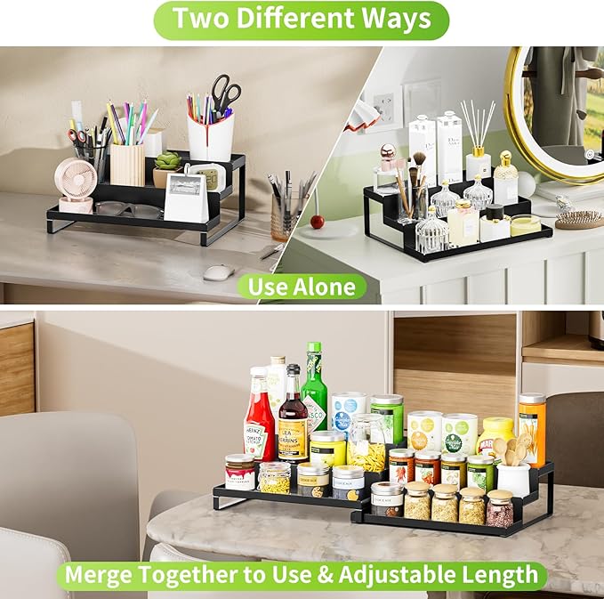 RCHYFEED Spice Rack Organizer for Cabinet, Set of 2 Metal 3 Tier Spice Rack 11.8"-22.8" Expandable Display Risers, Seasoning Organizer for Kitchen, Cabinet, Countertop, Pantry Spice Organizer
