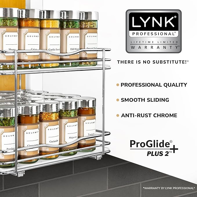 LYNK PROFESSIONAL짰 Pull Out Spice Rack Organizer for Inside Kitchen Cabinets - 10-3/8 inch Wide - Slide Out Drawer ??Chrome Sliding Spice Cabinet Organization Shelf Racks - 2 Tier