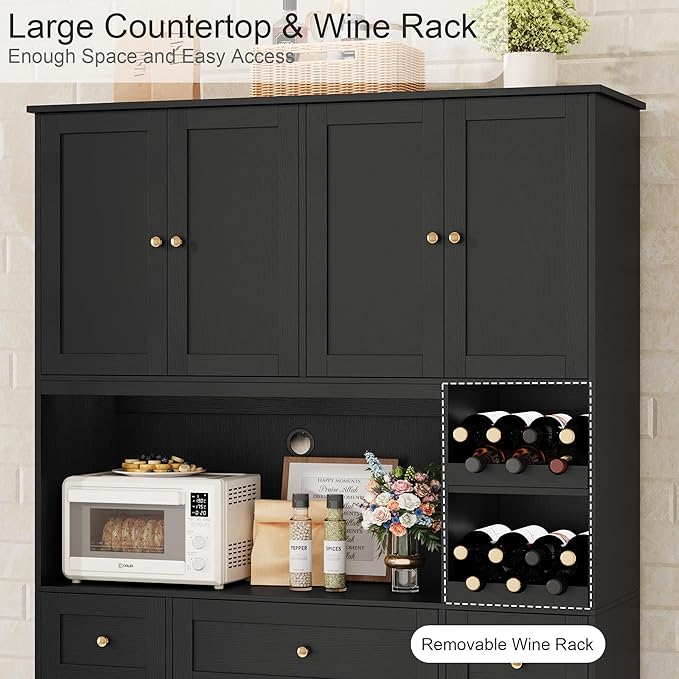 72" Tall Black Pantry Cabinet, Kitchen Hutch with Wine Rack, Microwave Stand, Buffet Cabinet with Hutch for Dining Room Kitchen, Home Bar Black