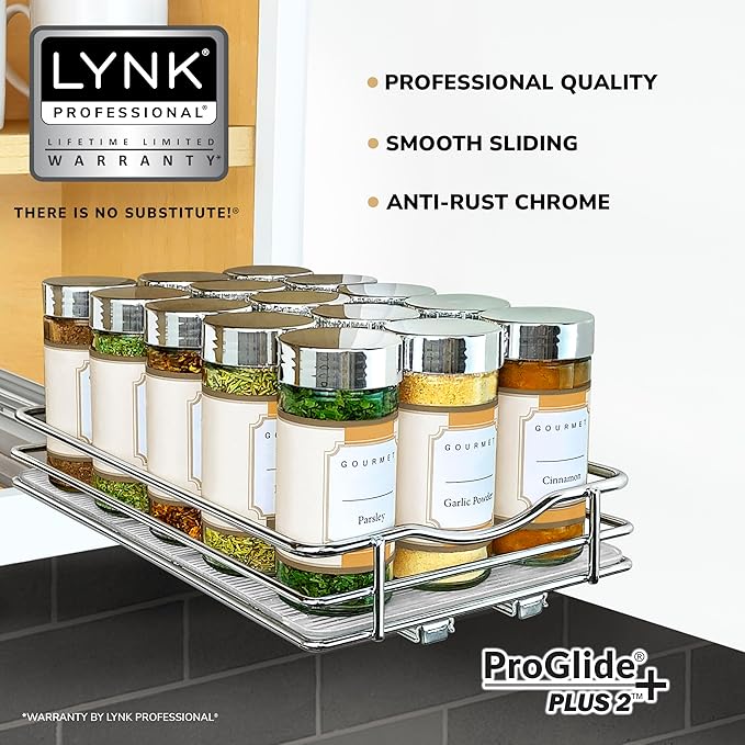 LYNK PROFESSIONAL짰 Pull Out Spice Rack Organizer for Inside Kitchen Cabinets - 6-3/8 inch Wide - Slide Out Drawer ??Chrome Sliding Spice Cabinet Organization Shelf Racks - 1 Tier