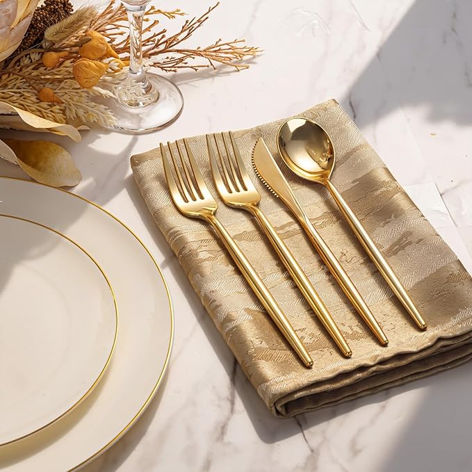 I00000 150Pcs Ivory Plastic Plates with Gold Rim,Nice Disposable plates,Gold Plastic Plates,Ivory Disposable Plates Set include 30 Dinner Plate,30 Dessert Plate,90 plastic Silverware Set for Party