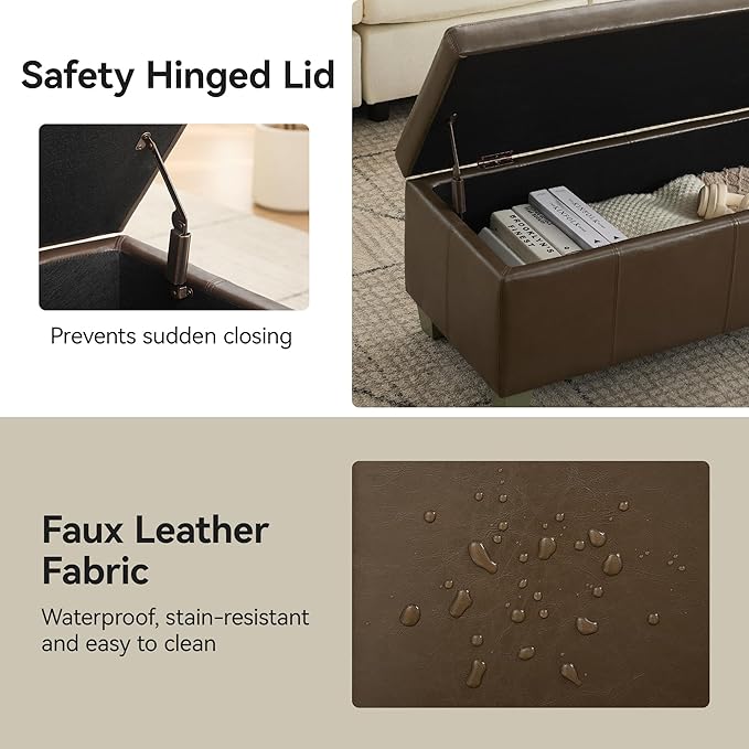 WUTUTUEE 51" Faux Leather Storage Ottoman, Stitch Tufted Rectangle Upholstered End of Bed Storage Bench, Entryway Large Couch Ottoman with Wooden Legs, Coffee
