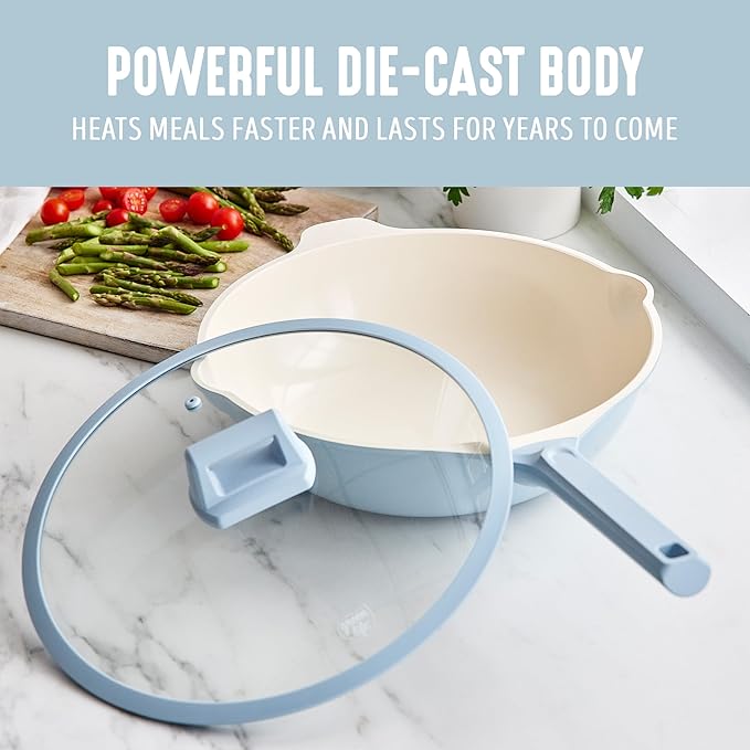 GreenLife Nonstick 12??(5QT) All in One Deep Skillet Wok with Lid, PFAS-Free Non-Toxic Ceramic Multi-Purpose Pan, Induction, All Stovetop, Egg, Stir Fry, Saute, Stay Cool Handle, Blue Haze