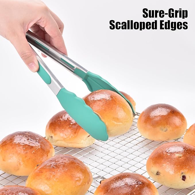 Doosu Kitchen Tongs for Cooking - 600째F Heat Resistant Food Tong Set with Non-Scratch Silicone Tips, Heavy Duty Stainless Steel Locking Tong for BBQ, Grilling Steak, Serving Salad (9+12in, Aqua Sky)