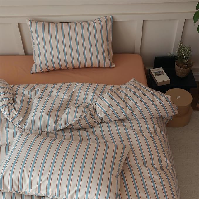 LifeTB Striped Comforter Set Twin XL Size, Fluffy Soft Blue Brown Stripes Pattern Printed Bedding Set, 3 Pieces Lightweight Bedding Comforter Set, Breathable Striped Bed Comforter with 2 Pillowcases