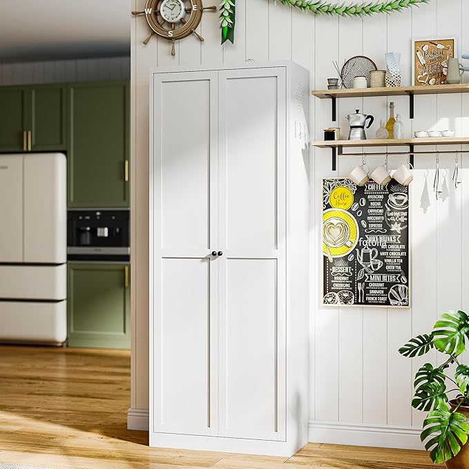 Metal Pantry Storage Cabinet with 2 Doors and 5 Adjustable Shelves, 72" Tall Kitchen Storage Cabinets for Kitchen Dining Room Living Room Bathroom,Assembly Required (White)