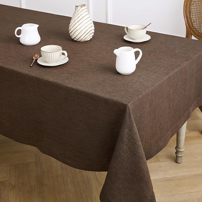 Solino Home Linen Tablecloth 60 x 144 Inch - 100% Pure Linen Chambray Brown Table Cloth for Rectangle Tables - Athena, Machine Washable Tablecloth