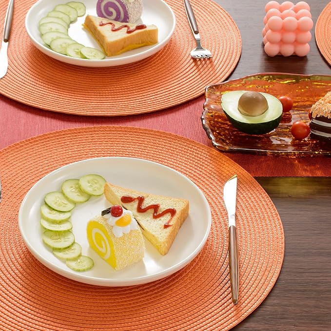 FunWheat Round Braided Placemats Set of 4 Table Mats for Dining Tables Woven Washable Non-Slip Place mats 15inch (Orange, 4pcs)