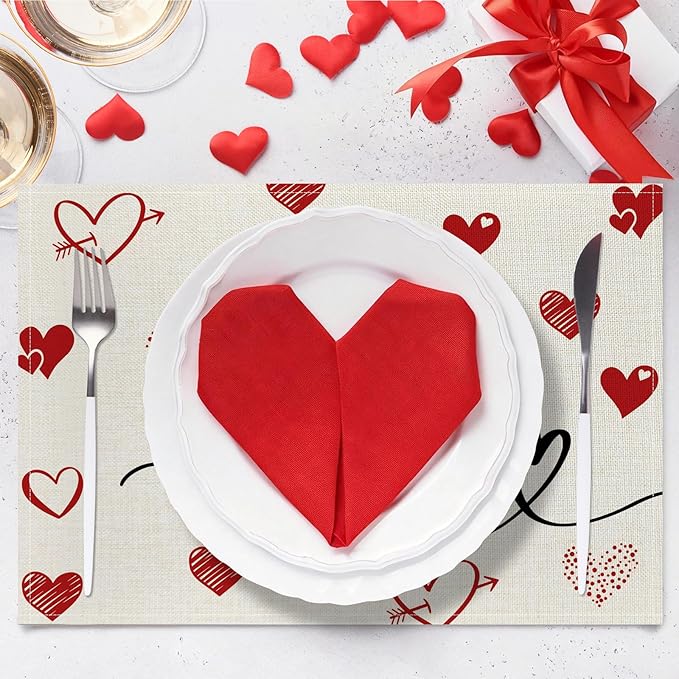 Valentine Placemats Set of 4, 12x18 Inch Love Hearts Table Mats, Seasonal Anniversary Holiday Valentines Day Table Decorations for Kitchen Dining Home Party Decor (White)