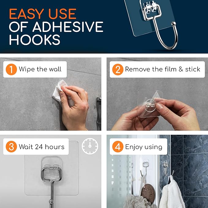 GLUIT Adhesive Large Wall Hooks for Hanging Heavy Duty 22 lbs Hooks for Walls No Damage, Towel Sticky Clear Hooks, Waterproof, Home, Bathroom, Kitchen, Office, and Outdoor, 18 Pack