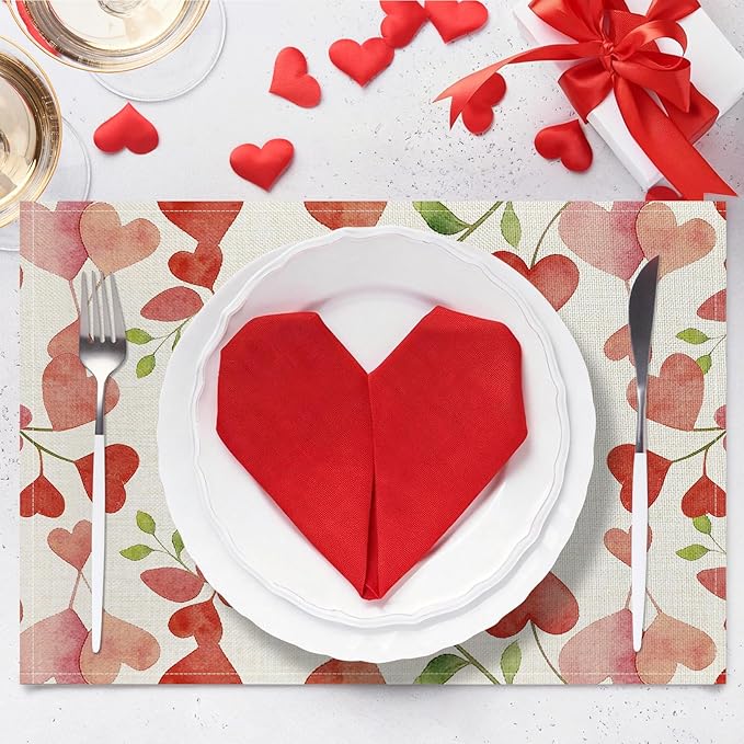Valentine Placemats Set of 4, 12x18 Inch Floral Love Hearts Table Mats, Seasonal Anniversary Holiday Valentines Day Table Decorations for Kitchen Dining Home Party Decor