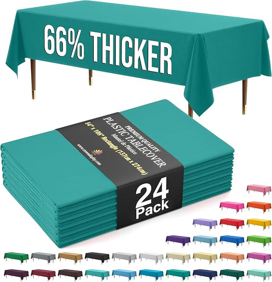 Exquisite 66% Thicker Premium Plastic Table Cloth Rectangle Table Cover 0.5 Mil 24 Pack Teal Table Cloth 54 Inch x 108 Inch Disposable Tablecloth Won't Tear Easily Like Cheap Thin Brands