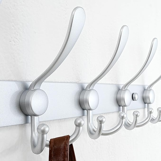 Dseap Coat Rack Wall Mount - 29.5??Long 8-Tri-Hooks Heavy Duty Coat Hanger Rail Wall Hooks for Hanging Coats Hats Clothing Clothes Purse Mudroom Entryway, Silver