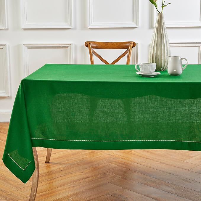 Solino Home Garden Green Linen Tablecloth 60 x 108 Inch - 100% Pure Linen Hemstitch Table Cloth for Rectangle Tables - Classic Hemstitch, Washable Tablecloth for Winter, St Patricks Day, Easter