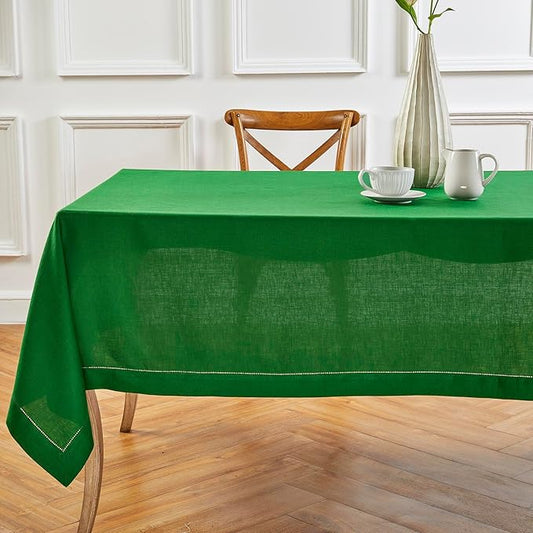 Solino Home Garden Green Linen Tablecloth 60 x 90 Inch - 100% Pure Linen Hemstitch Table Cloth for Rectangle Tables - Classic Hemstitch, Machine Washable Tablecloth for Winter, St Patricks Day, Easter