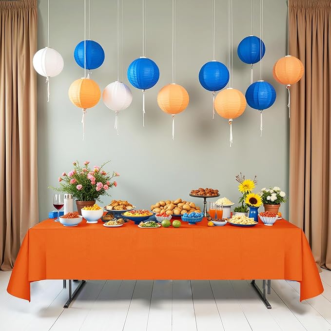 [6 Pack] Orange Paper Tablecloth Disposable for Rectangle Tables, 54 X 108 Inch Party Table Cover with Plastic Backing, Waterproof 3 Ply Table Cloth for Thanksgiving Halloween Fall Harvest Day