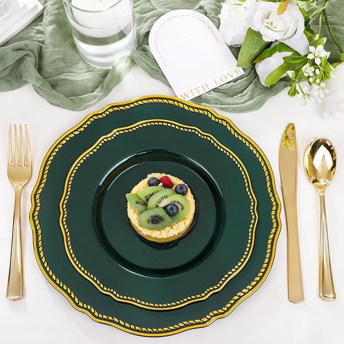 Hioasis 60pcs Green Plastic Plates - Green and Gold Disposable Dinnerware with Gold Rim, Heavy-duty, 7.5 inch, Dessert Plates for Party & Christmas