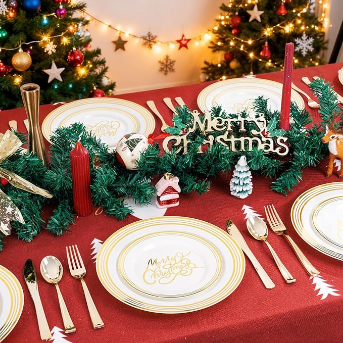 EI 60pcs Beige Disposable Plastic Dinner Plates with Gold Edge.Gold "Marry Christmas" Disposable Plate Heavy Industry Are Very Suitable for Christmas,New Year Parties,Family Dinners and Hotel Events.