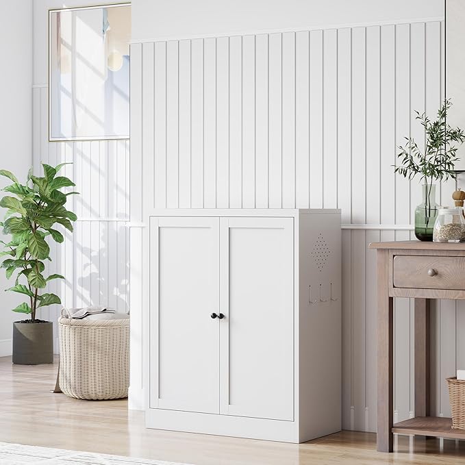 Kitchen Pantry Cabinet, 35" H Storage Cabinet with Doors and Adjustable Shelves, Metal Bathroom Cabinets, Utility Cabinets for Kitchen, Living Room, Garage, Assembly Required, White
