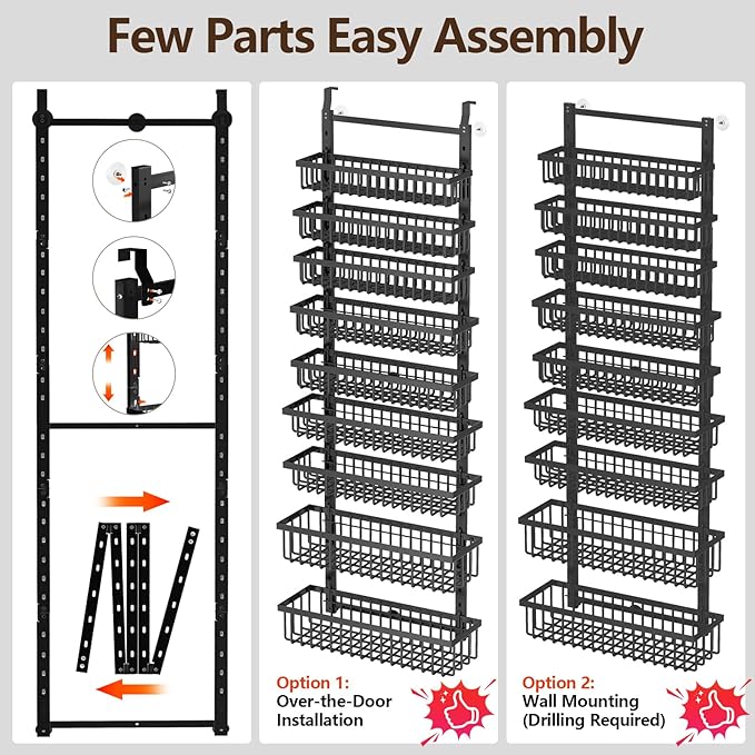 9 Tier Over The Door Pantry Organizer, 2 in 1 Wall Mount or Hanging Spice Rack with Adjustable Basket, Seasoning Organizer and Storage for Kitchen Cabinet Closet Bathroom