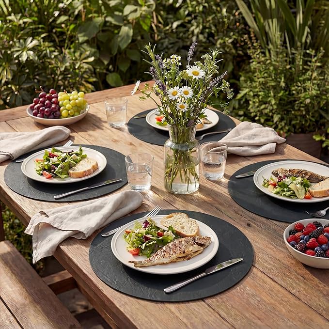 Artoid Mode Black Faux Leather Placemats Set of 4, 15 Inch Waterproof Wipeable Heat Resistant Place Mats, Reversible Table Mats for Kitchen Dining Decor