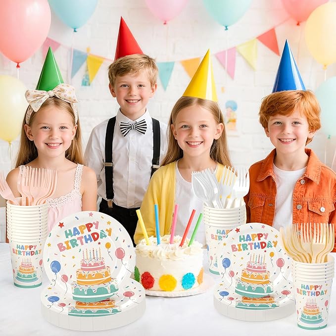 Childom 96 Pcs Birthday Party Supplies Set,Disposable Plates for Birthday Decorations,Paper Plates Cups Plastic Forks Dinnerware Sets for Parties,Party Tableware Set for Dinner,Outside,Picnic,Serve 24