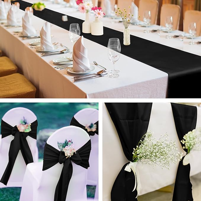 Aneco 4 Pack Satin Table Runner 12 x 108Inch Long Bright Silk and Smooth Fabric Party Table Runner for Wedding Banquet Party Decoration-Black