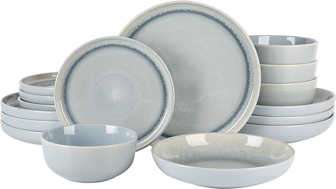 Gibson Elite Juno Moon 16-Piece Reactive Blue Double Bowl Dinnerware Set ??Durable Stoneware Plates and Bowls