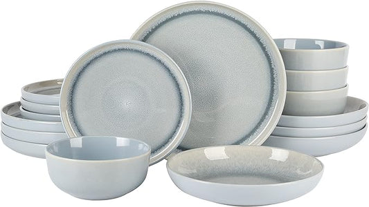 Gibson Elite Juno Moon 16-Piece Reactive Blue Double Bowl Dinnerware Set ??Durable Stoneware Plates and Bowls