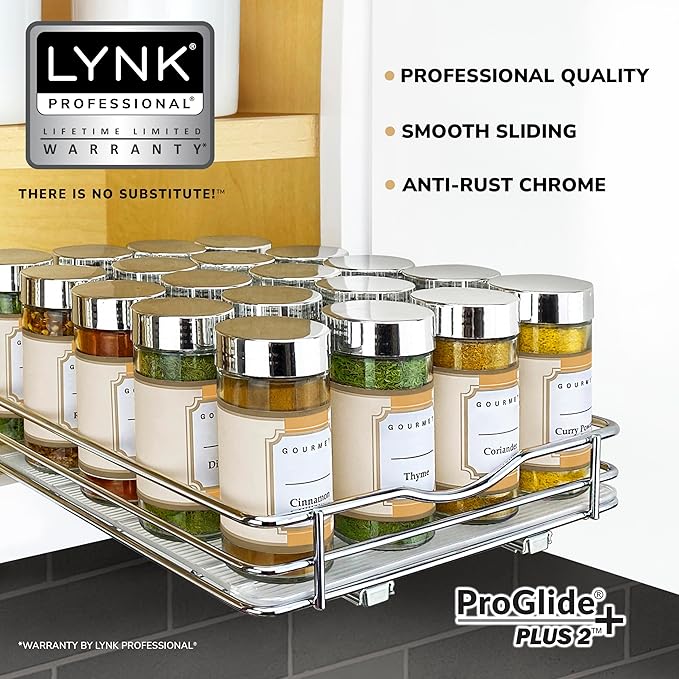 LYNK PROFESSIONAL짰 Pull Out Spice Rack Organizer for Inside Kitchen Cabinets - 8-3/8 inch Wide - Slide Out Drawer ??Chrome Sliding Spice Cabinet Organization Shelf Racks - 1 Tier