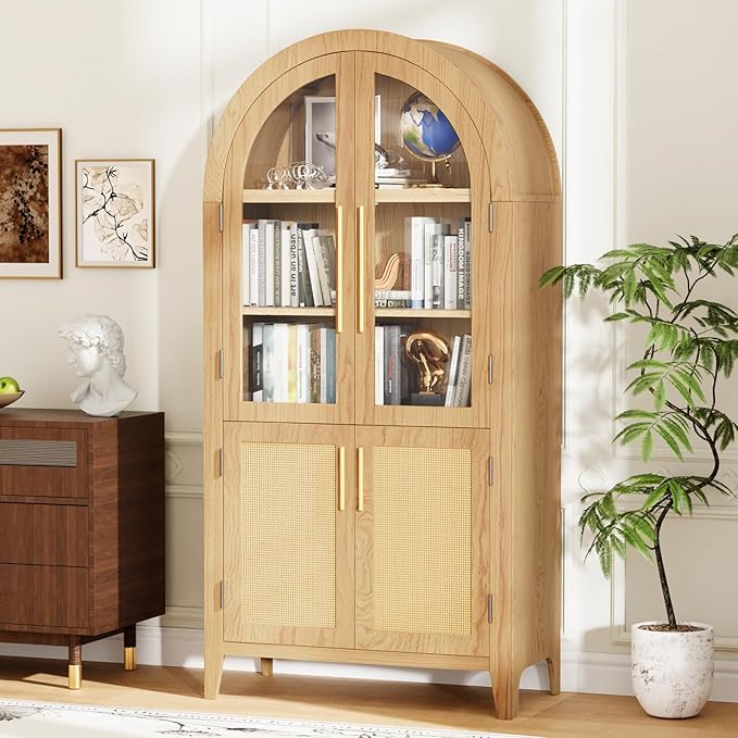 63??Arched Kitchen Pantry Cabinet ??5-Tier Modern Farmhouse Storage Cabinet w/Glass & Fluted Doors, Adjustable Shelves Bookcase for Kitchen, Living Room, Entry, Office, Engineered Wood, Oak