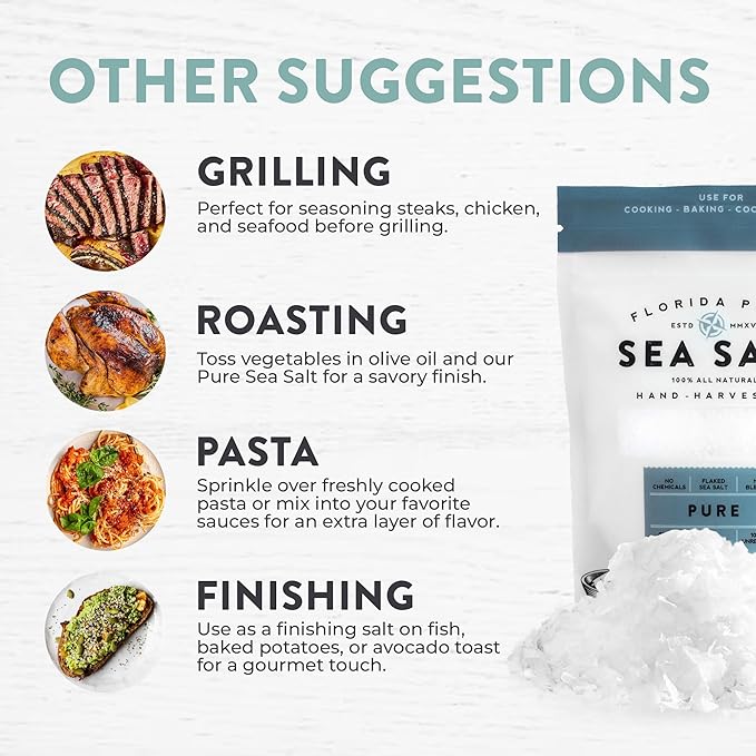 Pure Sea Salt by FLORIDA PURE - 80+ Mineral, Natural, Unrefined, Non Iodized, Addititive-free - for Baking, Cooking, Seasoning & Enhancing Taste - Pure Hand-harvested Flaky Sea Salt (3 oz. Pouch)