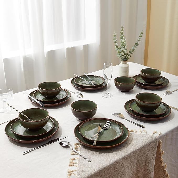 Dinnerware Sets with Double Bowls Service for 6, Brown Green